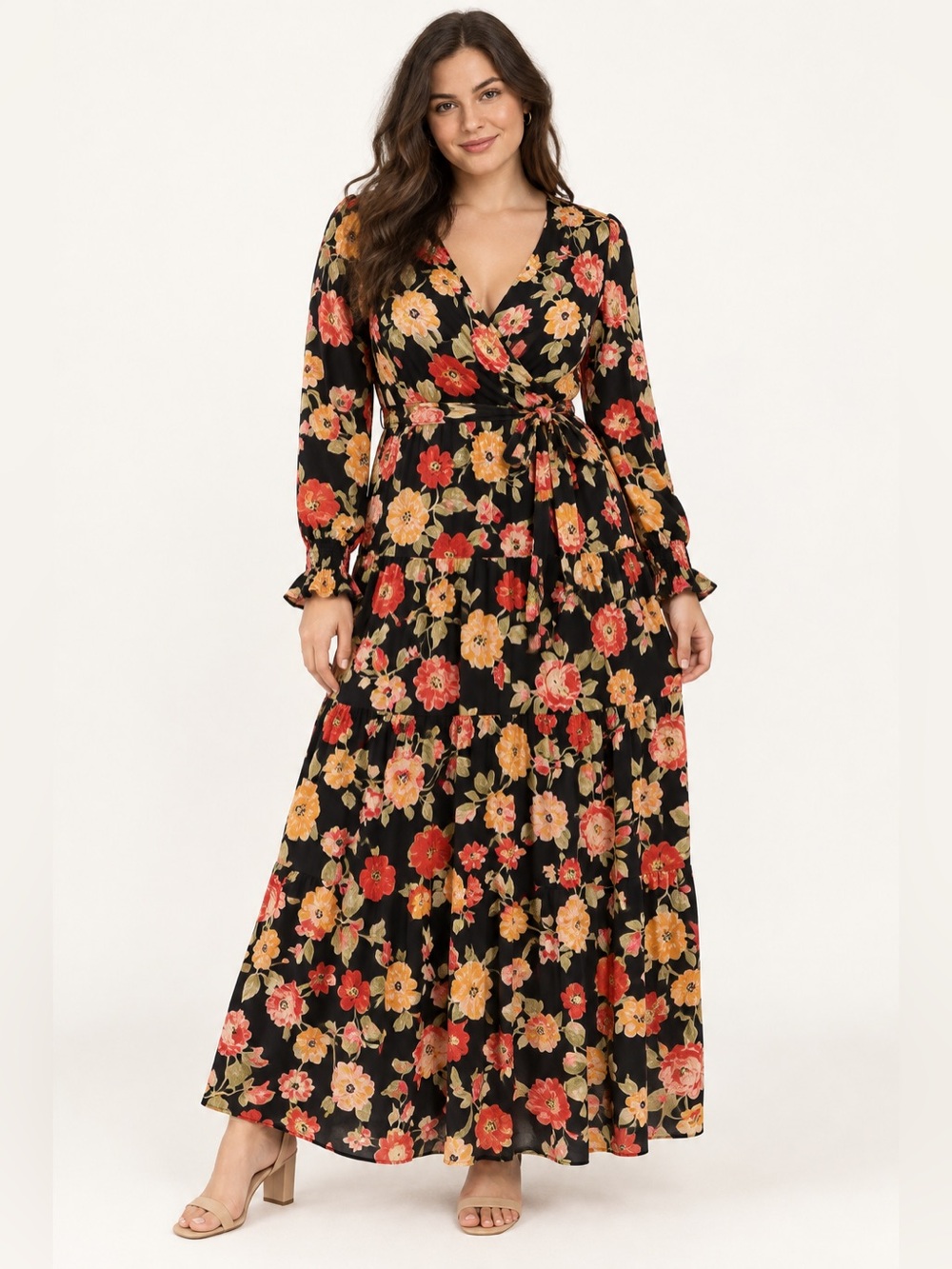 Petal & Pup Ruana XL Black Floral Wrap Maxi Dress Long Sleeve Fall NWT